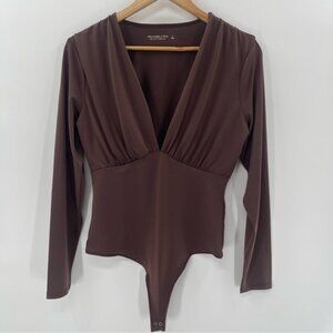 NWT A&F Chocolate Brown Deep Plunge Soft AF Collection Bodysuit Size Large